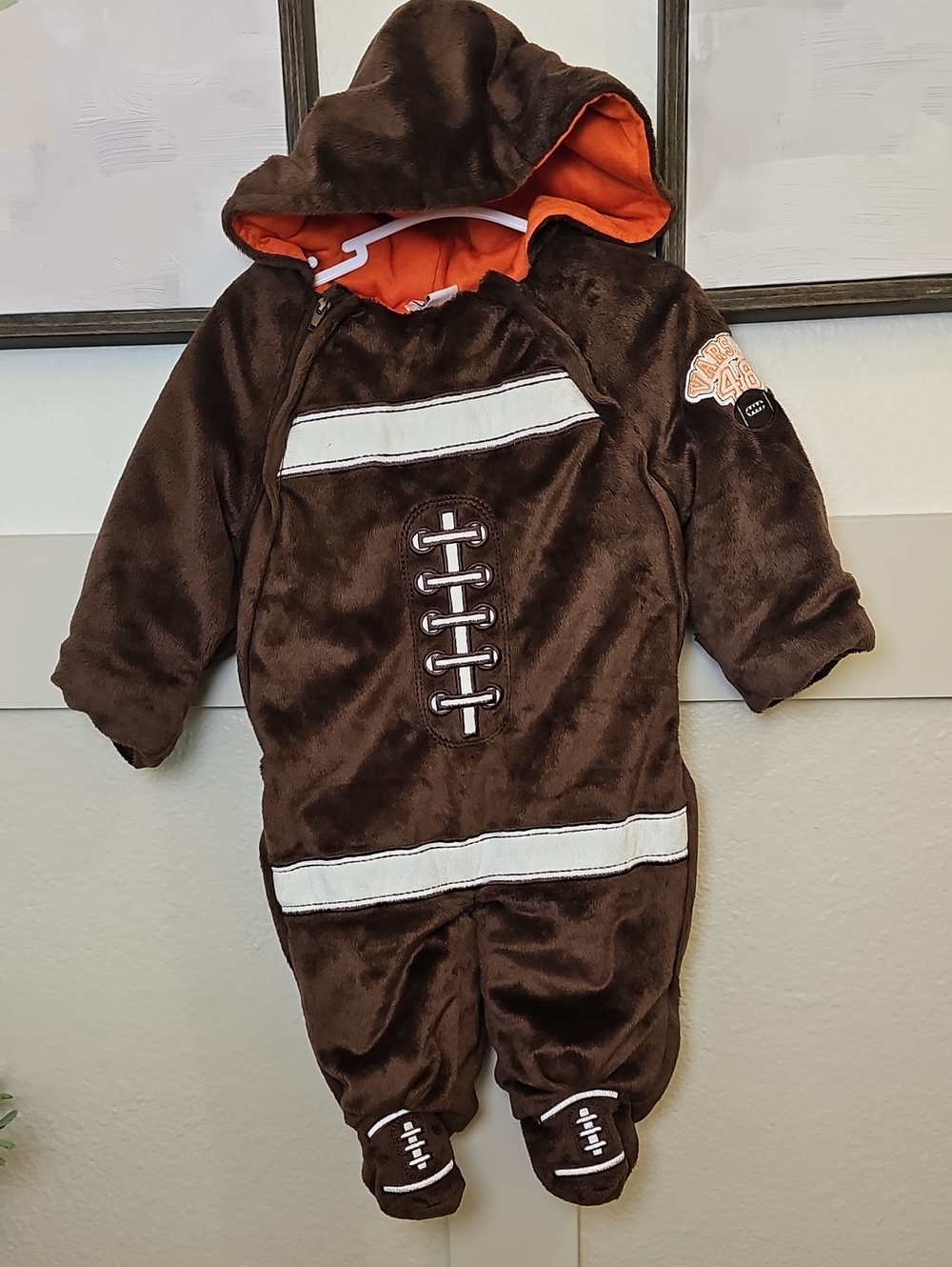 Cozy Brown Football-Themed Hooded Baby One-Piece EUC 6-9m